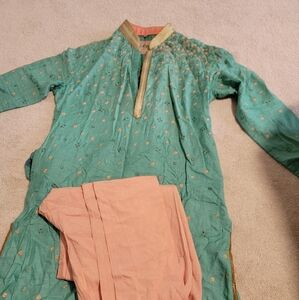 Green and Peach Embroidered Kurta Set